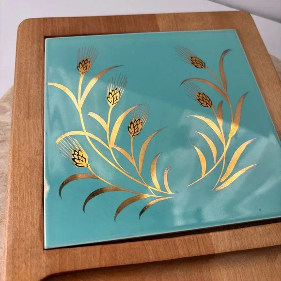 Vintage Mid Century Modern Wheat Design Serving Tray with Turquoise Tile - Picture 4 of 13